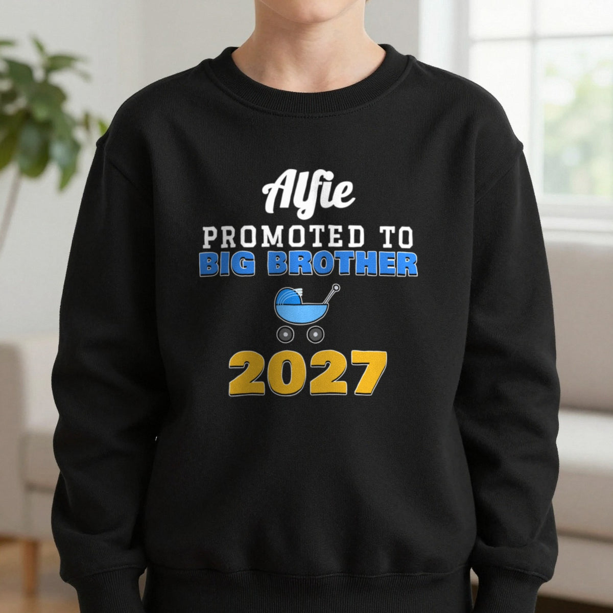 Kids Personalised Promoted To Big Brother T-Shirt Sweatshirt in Black, worn, our photo