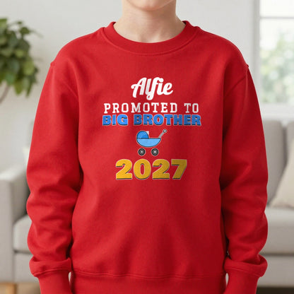 Kids Personalised Promoted To Big Brother T-Shirt Sweatshirt in Red, worn, our photo