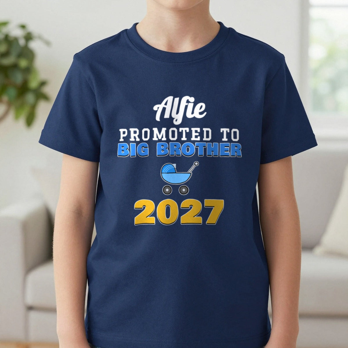 Kids Personalised Promoted To Big Brother T-Shirt T-Shirt in Navy, worn, our photo