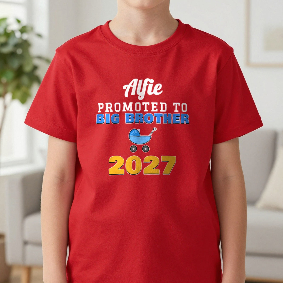 Kids Personalised Promoted To Big Brother T-Shirt T-Shirt in Red, worn, our photo
