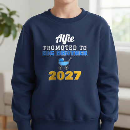 Kids Personalised Promoted To Big Brother T-Shirt Sweatshirt in Navy, worn, our photo
