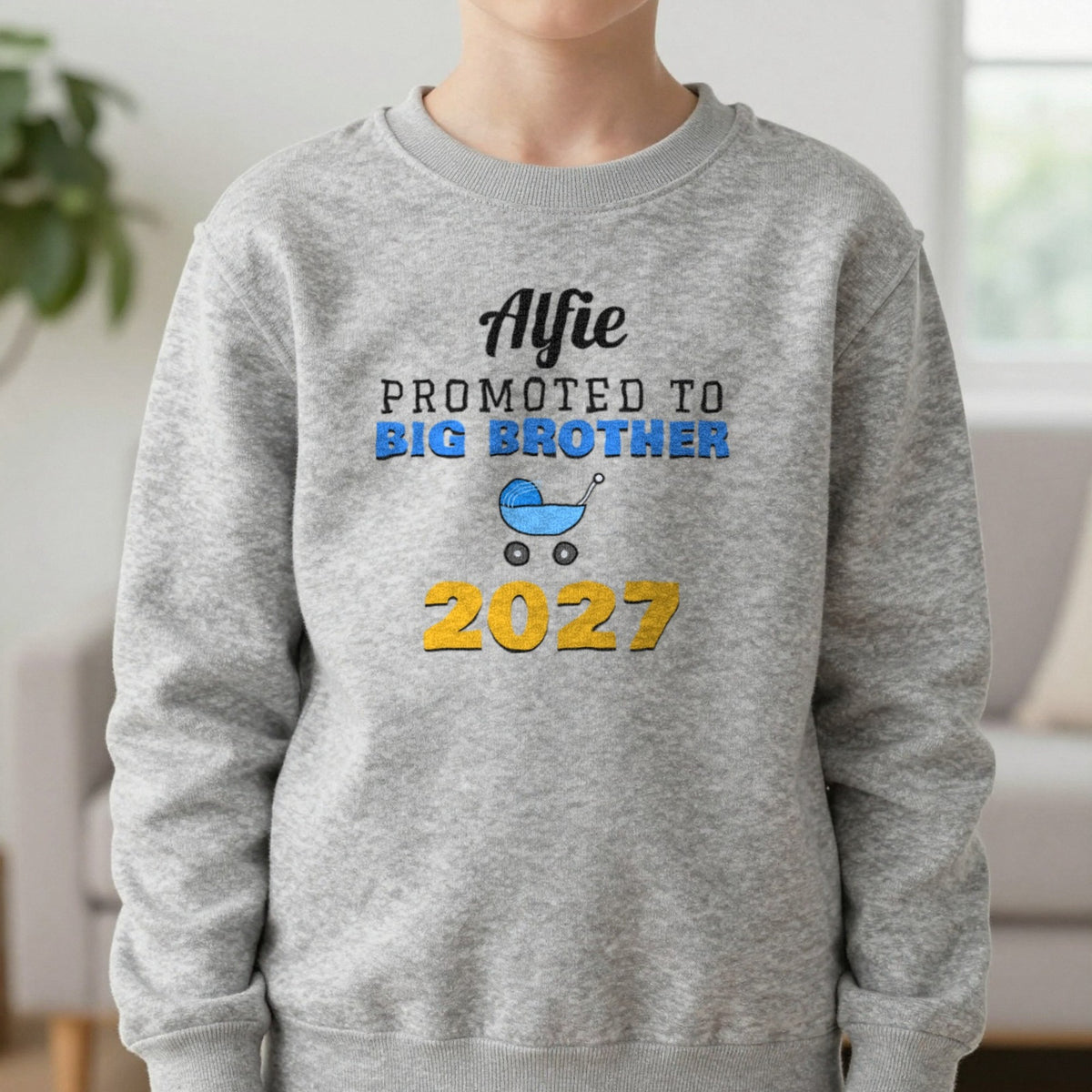 Kids Personalised Promoted To Big Brother T-Shirt Sweatshirt in Sport Grey, worn, our photo