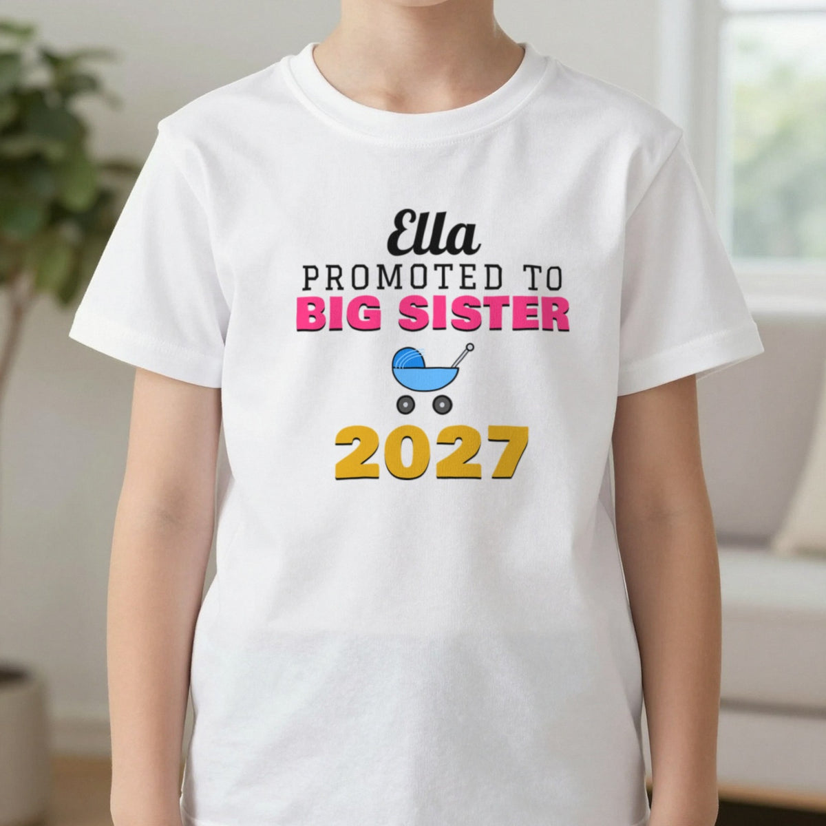 Kids Personalised Promoted To Big Sister T-Shirt T-Shirt in White, worn, our photo