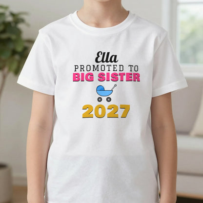 Kids Personalised Promoted To Big Sister T-Shirt T-Shirt in White, worn, our photo