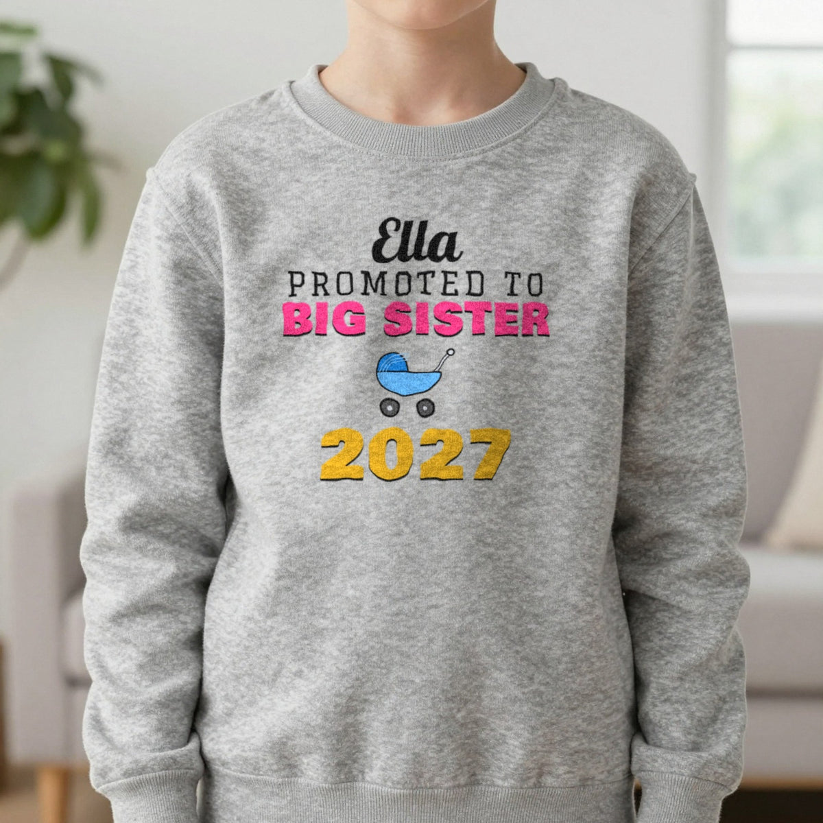 Kids Personalised Promoted To Big Sister T-Shirt Sweatshirt in Sport Grey, worn, our photo