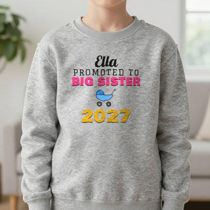 Kids Personalised Promoted To Big Sister T-Shirt Sweatshirt in Sport Grey, worn, our photo