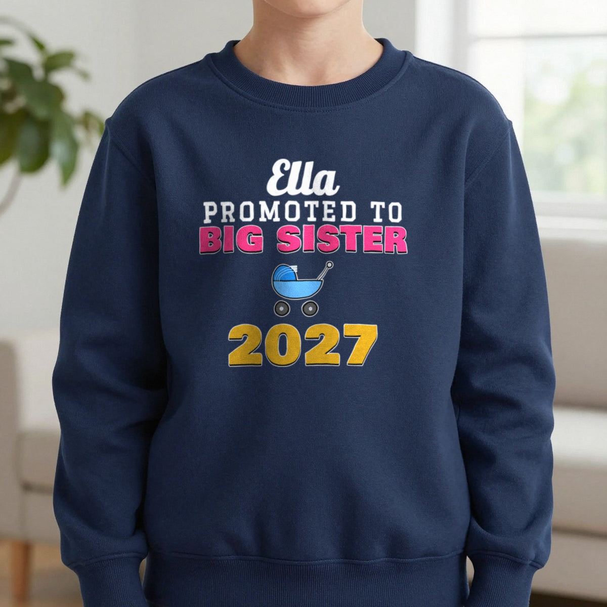 Kids Personalised Promoted To Big Sister T-Shirt Sweatshirt in Navy, worn, our photo