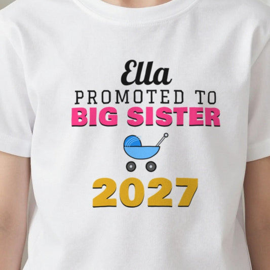 Kids Personalised Promoted To Big Sister T-Shirt print close-up, our photo
