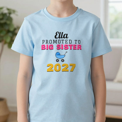 Kids Personalised Promoted To Big Sister T-Shirt T-Shirt in Light Blue, worn, our photo