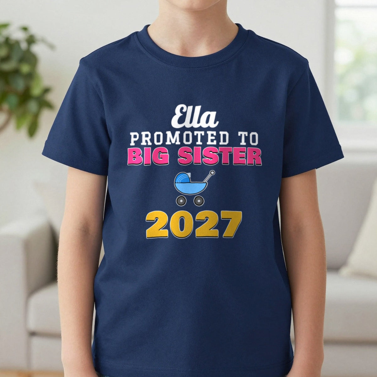 Kids Personalised Promoted To Big Sister T-Shirt T-Shirt in Navy, worn, our photo