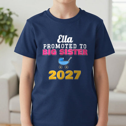 Kids Personalised Promoted To Big Sister T-Shirt T-Shirt in Navy, worn, our photo