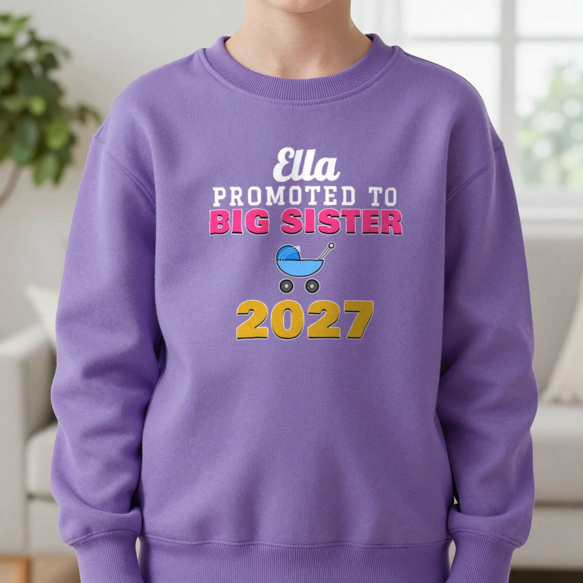 Kids Personalised Promoted To Big Sister T-Shirt Sweatshirt in Purple, worn, our photo