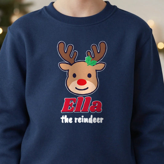 Kids Personalised Reindeer Name Christmas Jumper & T-Shirt close-up
