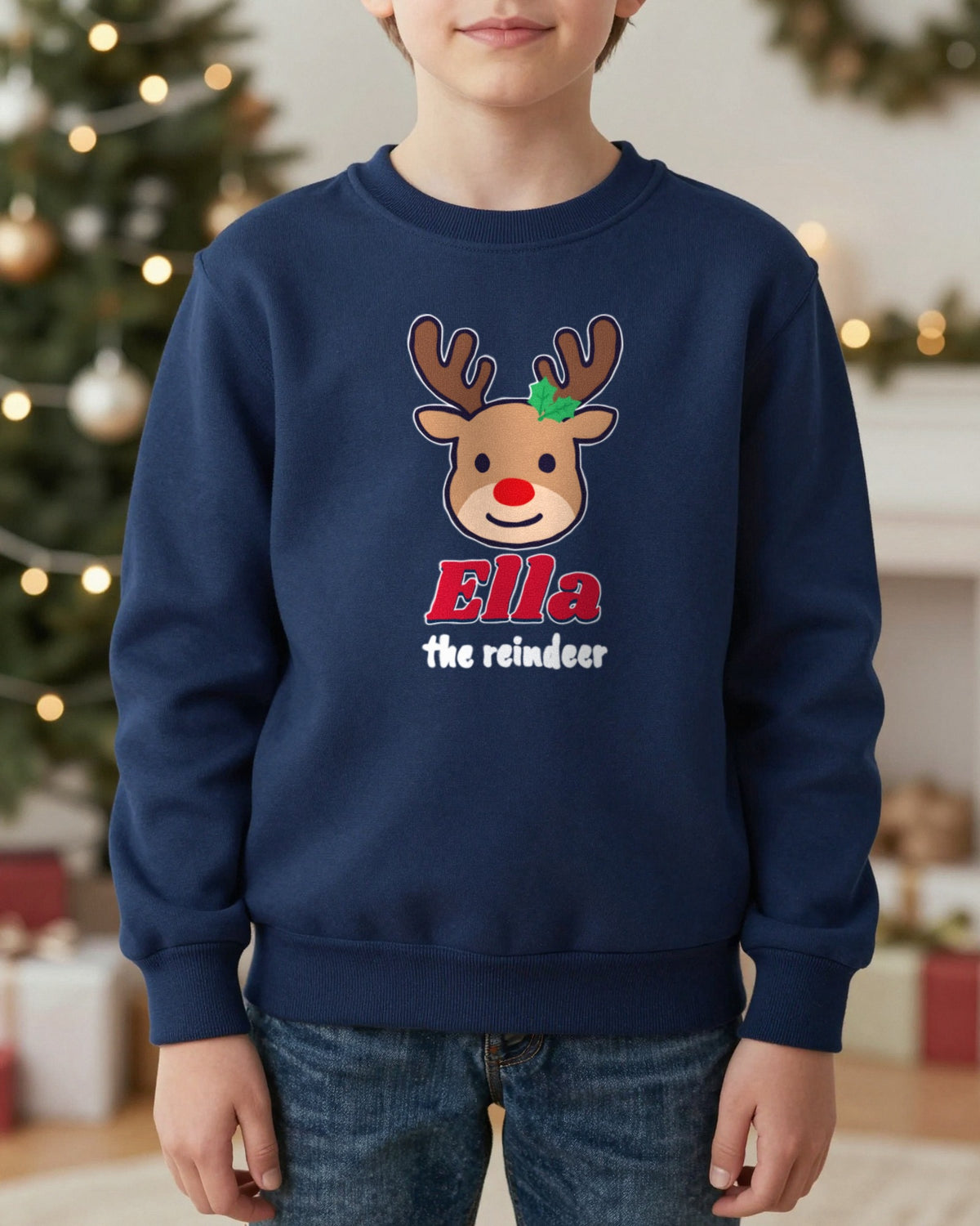 Kids Personalised Reindeer Name Christmas Jumper & T-Shirt worn