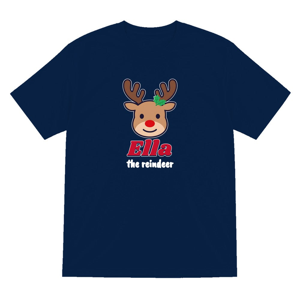 Kids Personalised Reindeer Name Christmas Jumper & T-Shirt T-Shirt in Navy