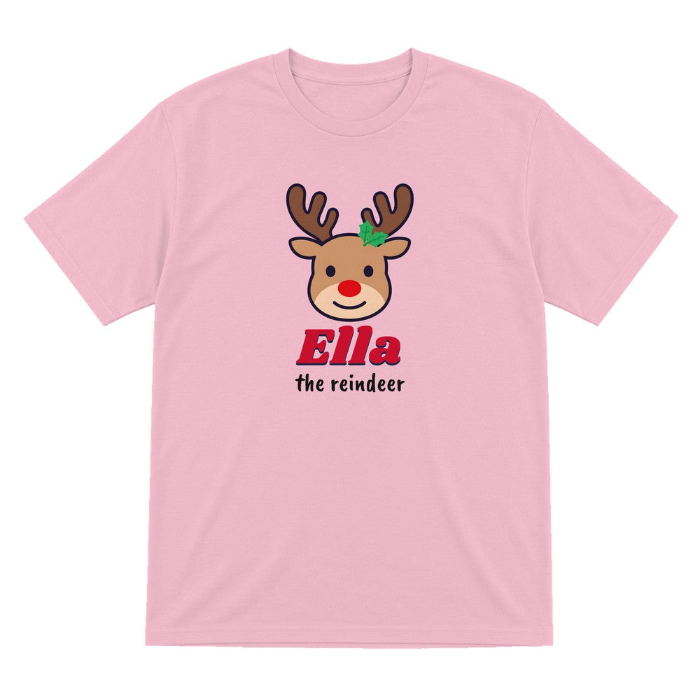 Kids Personalised Reindeer Name Christmas Jumper & T-Shirt T-Shirt in Light Pink