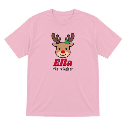 Kids Personalised Reindeer Name Christmas Jumper & T-Shirt T-Shirt in Light Pink