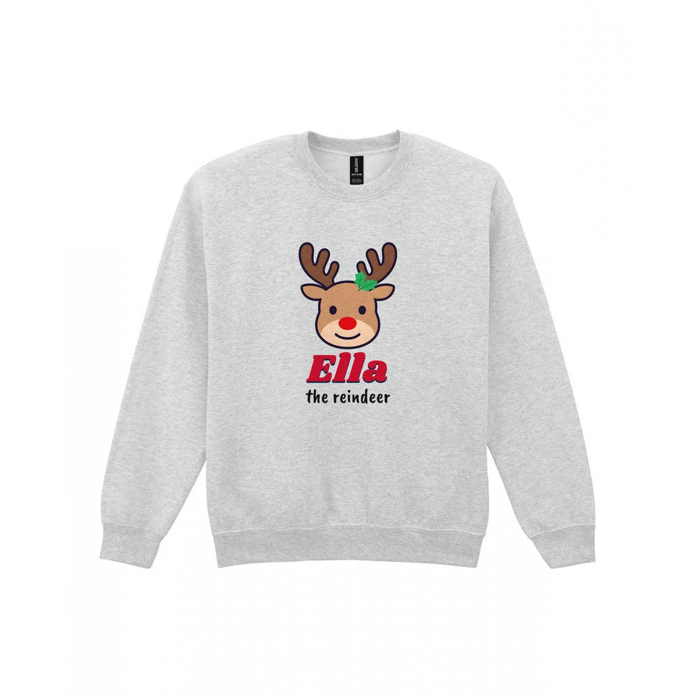 Kids Personalised Reindeer Name Christmas Jumper & T-Shirt Sweatshirt in Sport Grey