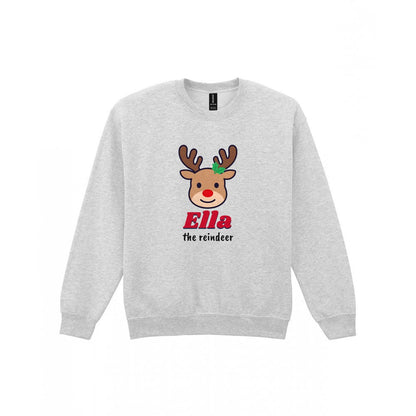 Kids Personalised Reindeer Name Christmas Jumper & T-Shirt Sweatshirt in Sport Grey