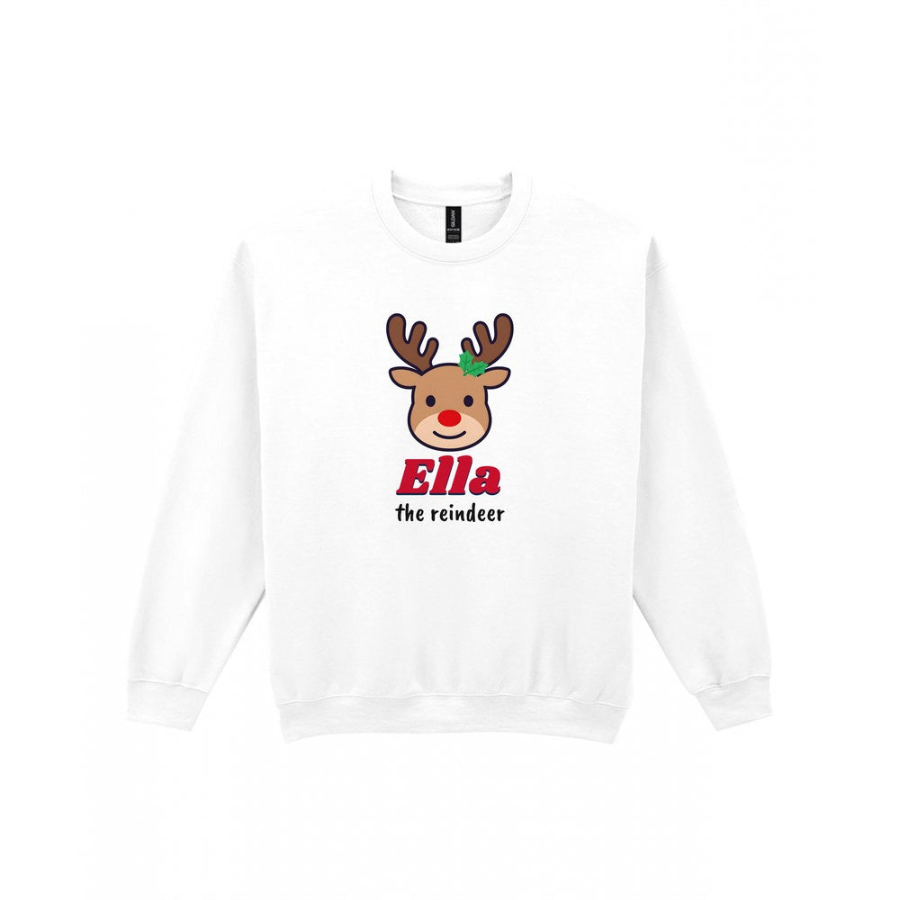 Kids Personalised Reindeer Name Christmas Jumper & T-Shirt Sweatshirt in White