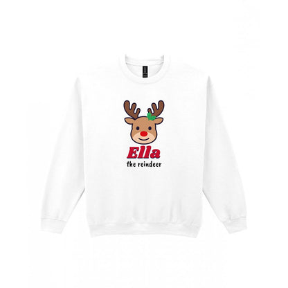 Kids Personalised Reindeer Name Christmas Jumper & T-Shirt Sweatshirt in White