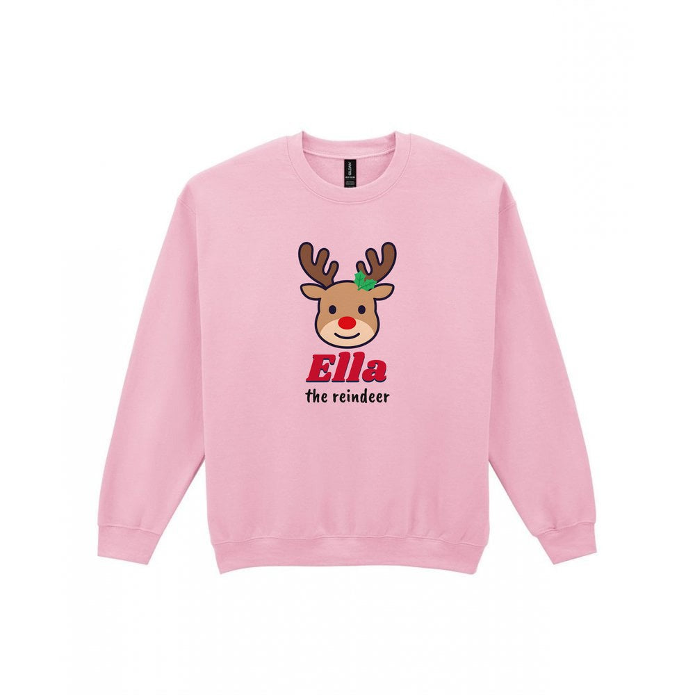 Kids Personalised Reindeer Name Christmas Jumper & T-Shirt Sweatshirt in Light Pink