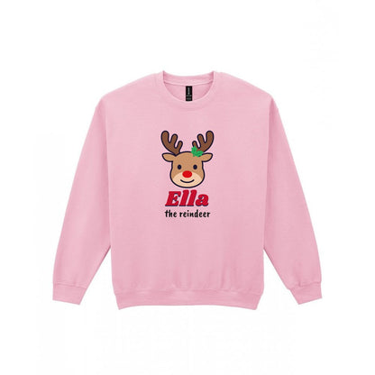 Kids Personalised Reindeer Name Christmas Jumper & T-Shirt Sweatshirt in Light Pink