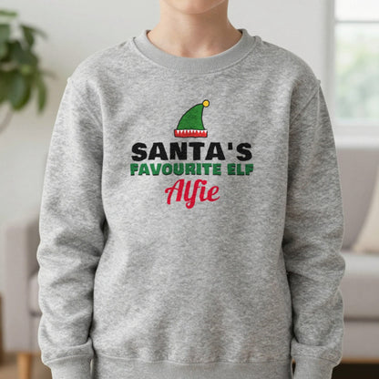 Kids Personalised Santa's Favourite Elf T-Shirt & Jumper Sweatshirt in Sport Grey, worn, our photo