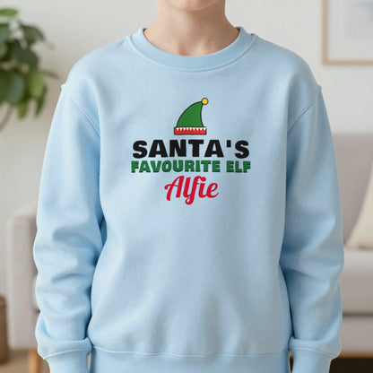 Kids Personalised Santa's Favourite Elf T-Shirt & Jumper Sweatshirt in Light Blue, worn, our photo