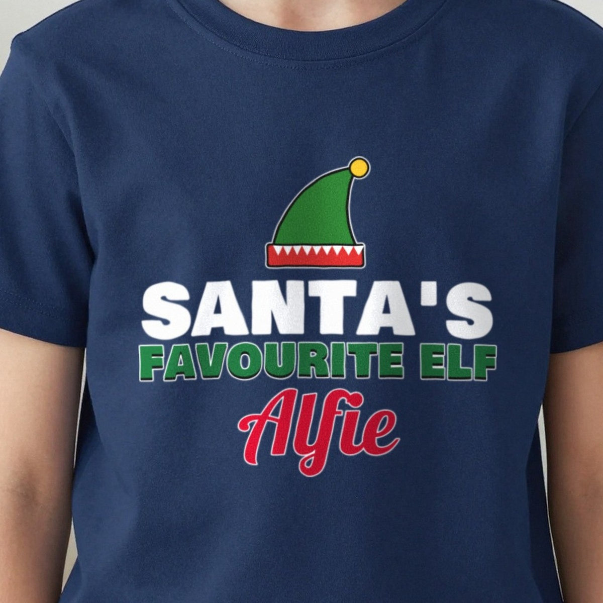 Kids Personalised Santa's Favourite Elf T-Shirt & Jumper print close-up, our photo