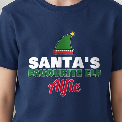 Kids Personalised Santa's Favourite Elf T-Shirt & Jumper print close-up, our photo