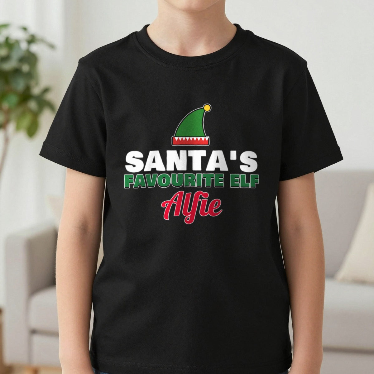 Kids Personalised Santa's Favourite Elf T-Shirt & Jumper T-Shirt in Black, worn, our photo