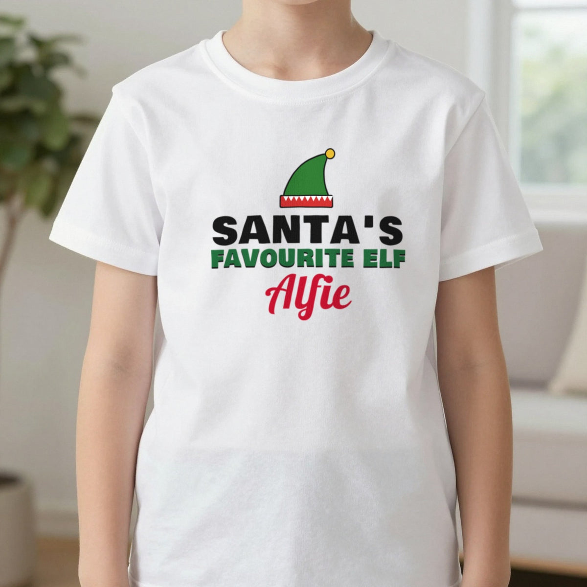 Kids Personalised Santa's Favourite Elf T-Shirt & Jumper T-Shirt in White, worn, our photo