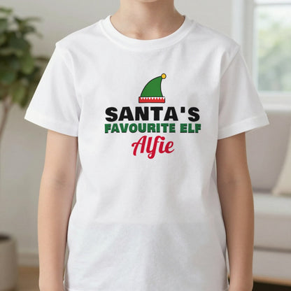 Kids Personalised Santa's Favourite Elf T-Shirt & Jumper T-Shirt in White, worn, our photo