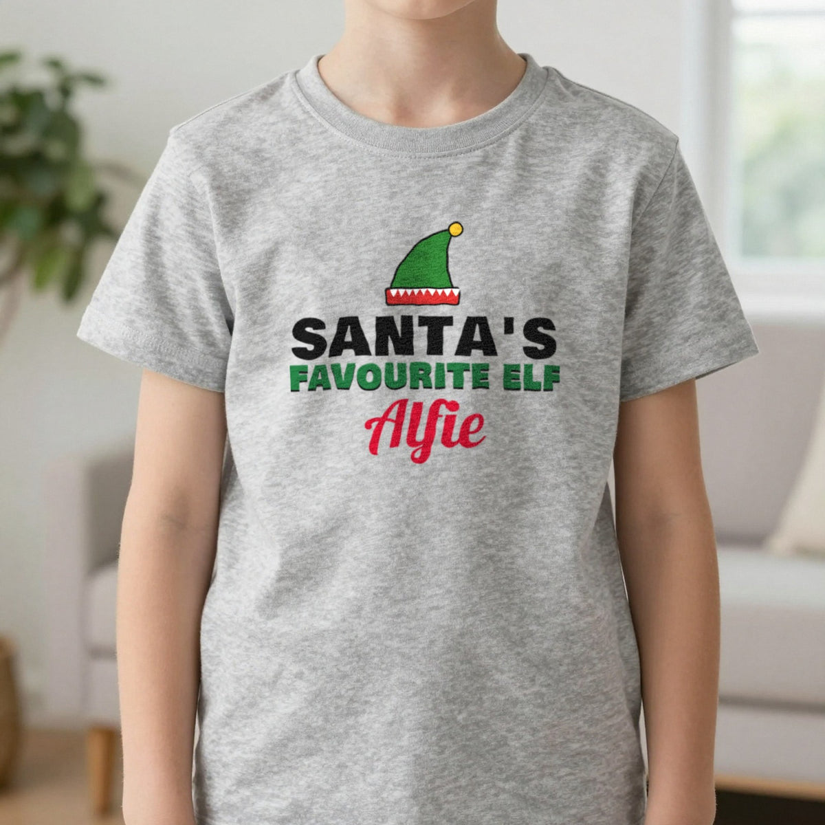 Kids Personalised Santa's Favourite Elf T-Shirt & Jumper T-Shirt in Sport Grey, worn, our photo