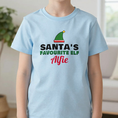 Kids Personalised Santa's Favourite Elf T-Shirt & Jumper T-Shirt in Light Blue, worn, our photo