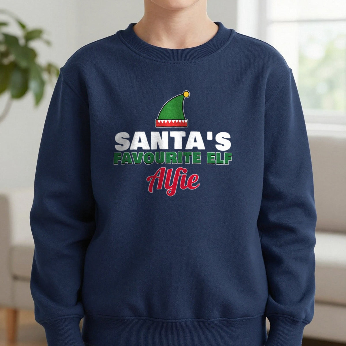 Kids Personalised Santa's Favourite Elf T-Shirt & Jumper Sweatshirt in Navy, worn, our photo