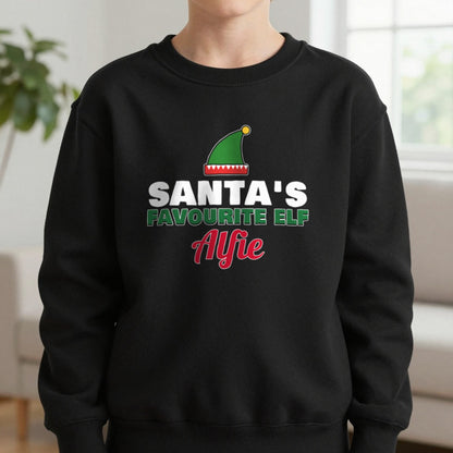 Kids Personalised Santa's Favourite Elf T-Shirt & Jumper Sweatshirt in Black, worn, our photo
