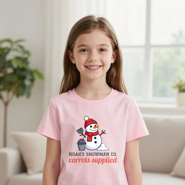 Kids Personalised Snowman Building Co Christmas T-Shirt & Sweatshirt | Name's Snowman Co. Carrots supplied