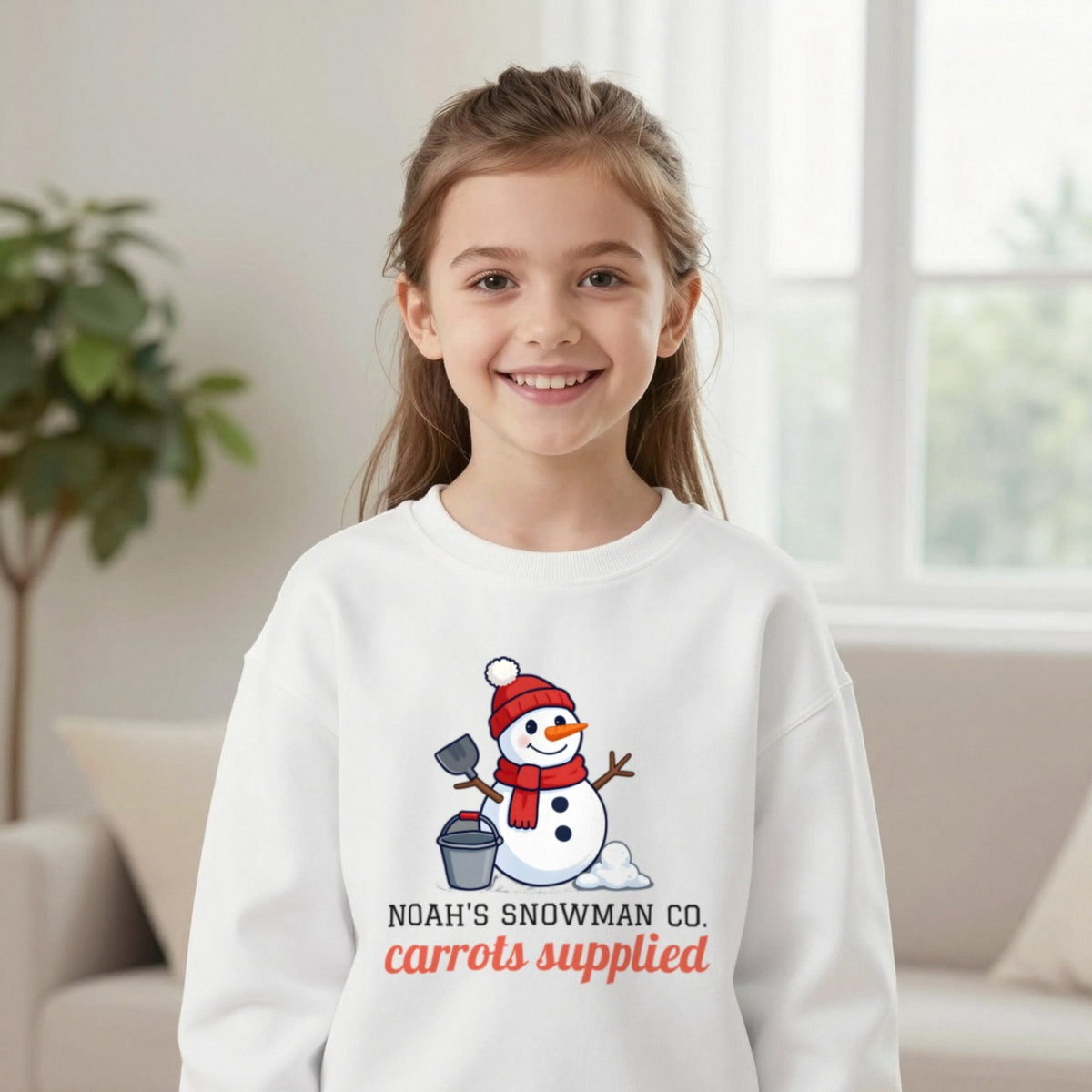 Kids Personalised Snowman Building Co Christmas T-Shirt & Sweatshirt Sweatshirt in White, worn, our photo