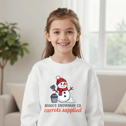 Kids Personalised Snowman Building Co Christmas T-Shirt & Sweatshirt Sweatshirt in White, worn, our photo