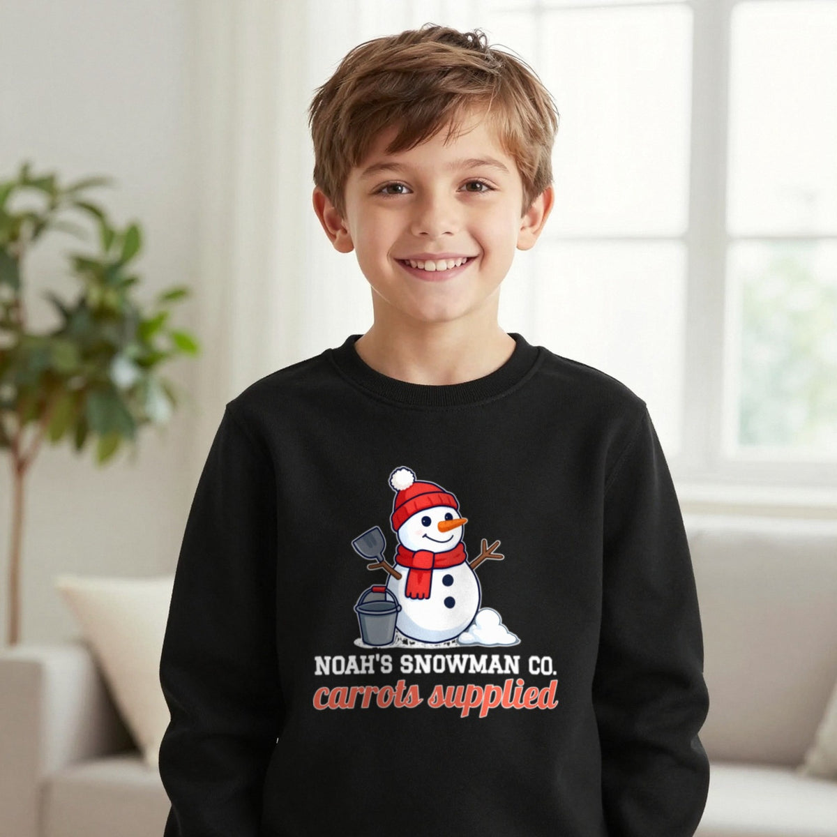 Kids Personalised Snowman Building Co Christmas T-Shirt & Sweatshirt Sweatshirt in Black, worn, our photo