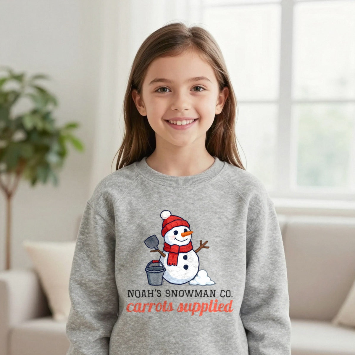 Kids Personalised Snowman Building Co Christmas T-Shirt & Sweatshirt Sweatshirt in Sport Grey, worn, our photo