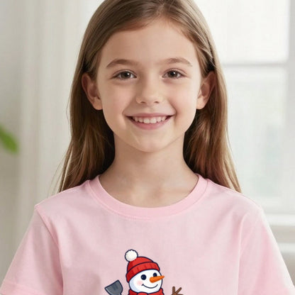 Kids Personalised Snowman Building Co Christmas T-Shirt & Sweatshirt print close-up, our photo