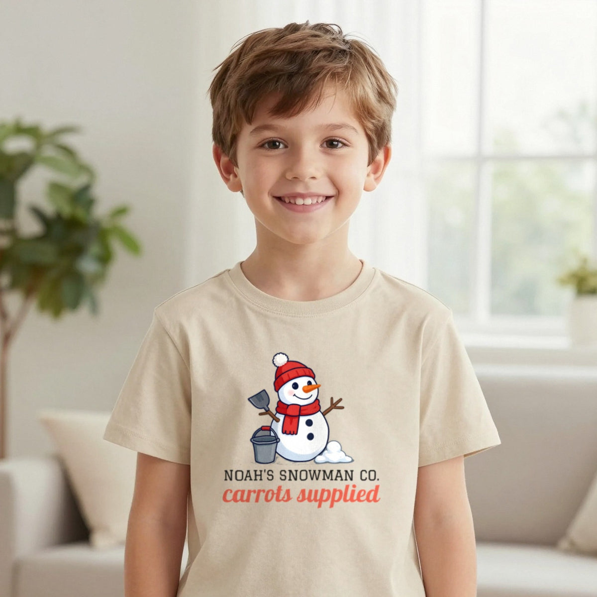 Kids Personalised Snowman Building Co Christmas T-Shirt & Sweatshirt T-Shirt in Sand, worn, our photo