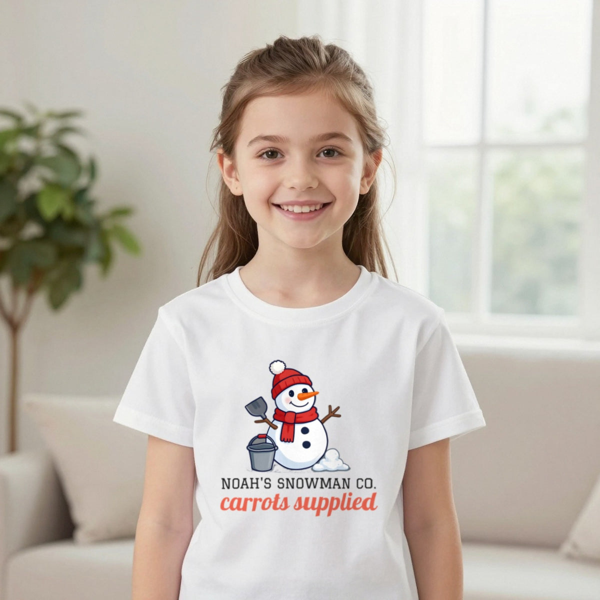 Kids Personalised Snowman Building Co Christmas T-Shirt & Sweatshirt T-Shirt in White, worn, our photo