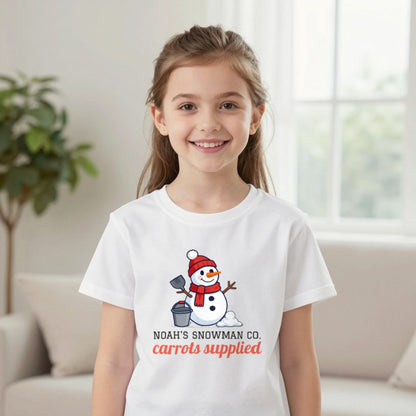 Kids Personalised Snowman Building Co Christmas T-Shirt & Sweatshirt T-Shirt in White, worn, our photo