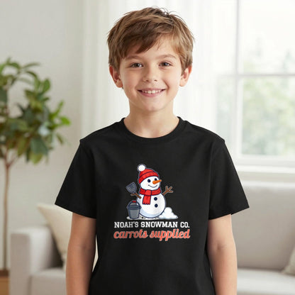 Kids Personalised Snowman Building Co Christmas T-Shirt & Sweatshirt T-Shirt in Black, worn, our photo