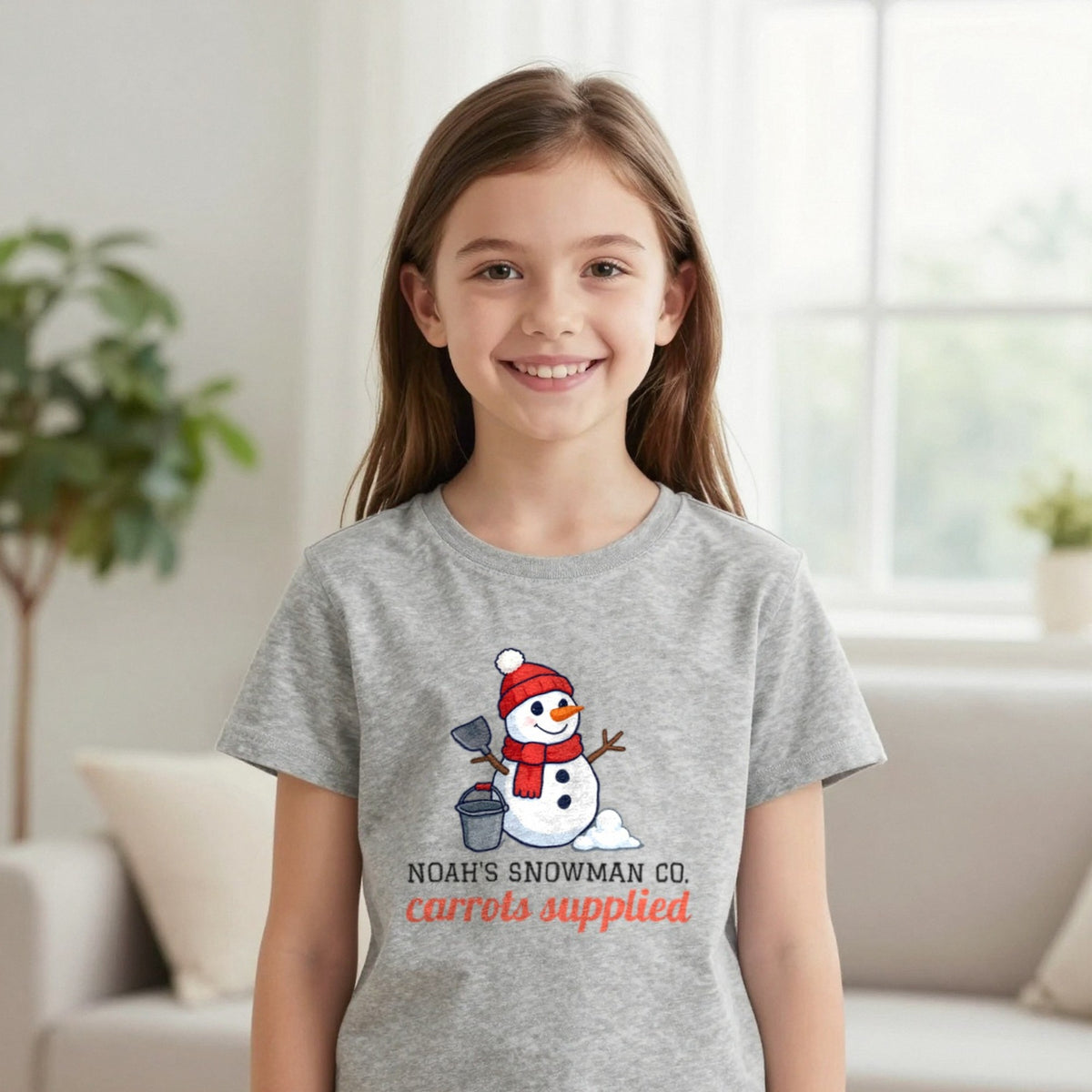 Kids Personalised Snowman Building Co Christmas T-Shirt & Sweatshirt T-Shirt in Sport Grey, worn, our photo