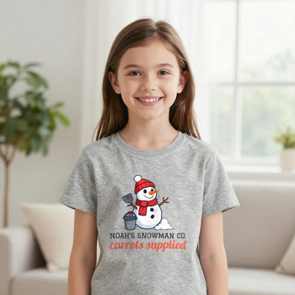 Kids Personalised Snowman Building Co Christmas T-Shirt & Sweatshirt T-Shirt in Sport Grey, worn, our photo